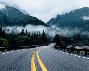 Preview wallpaper road, marking, turn, mountains, fog