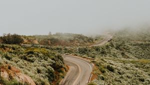 Preview wallpaper road, marking, winding, fog, grass