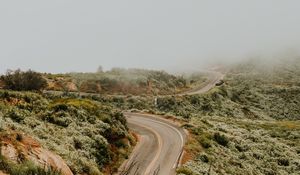 Preview wallpaper road, marking, winding, fog, grass