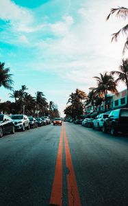 Preview wallpaper road, markings, palm trees, cars