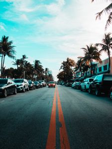 Preview wallpaper road, markings, palm trees, cars