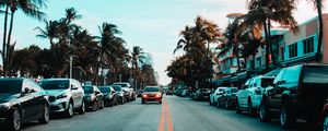 Preview wallpaper road, markings, palm trees, cars