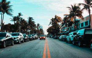 Preview wallpaper road, markings, palm trees, cars