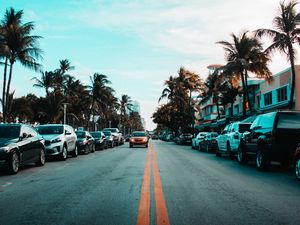 Preview wallpaper road, markings, palm trees, cars