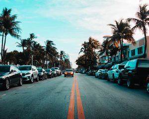 Preview wallpaper road, markings, palm trees, cars