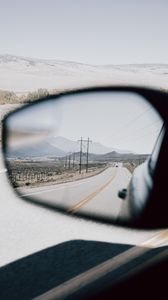 Preview wallpaper road, mirror, car, mountains