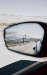 Preview wallpaper road, mirror, car, mountains