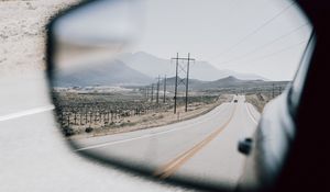 Preview wallpaper road, mirror, car, mountains