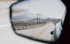 Preview wallpaper road, mirror, car, mountains