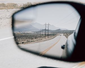 Preview wallpaper road, mirror, car, mountains