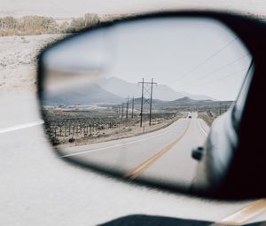 Preview wallpaper road, mirror, car, mountains