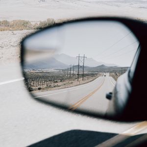 Preview wallpaper road, mirror, car, mountains