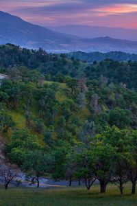 Preview wallpaper road, mountain, asphalt, relief, evening, decline, trees, look