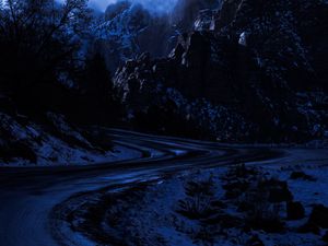 Preview wallpaper road, mountain, night, starry sky