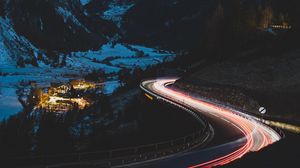 Preview wallpaper road, mountain, night, lights, snow, dark