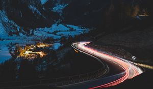 Preview wallpaper road, mountain, night, lights, snow, dark