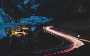 Preview wallpaper road, mountain, night, lights, snow, dark