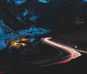 Preview wallpaper road, mountain, night, lights, snow, dark