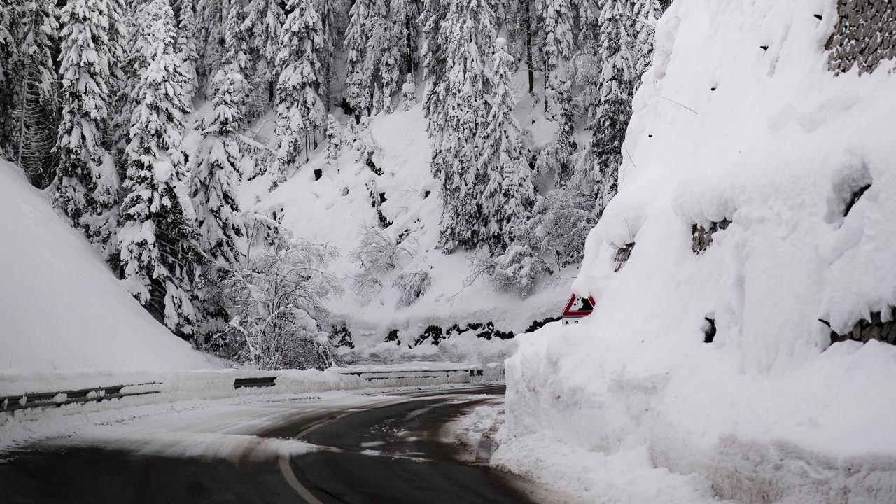 Wallpaper road, mountain, snow, trees, slope, winter