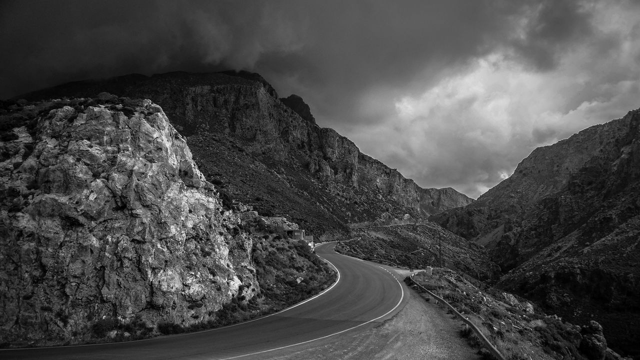 Wallpaper road, mountain, streamers, black and white