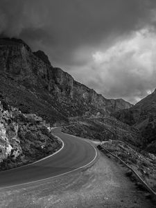 Preview wallpaper road, mountain, streamers, black and white