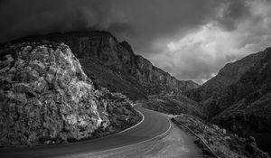 Preview wallpaper road, mountain, streamers, black and white