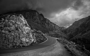 Preview wallpaper road, mountain, streamers, black and white
