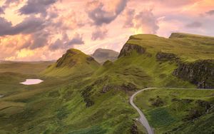 Preview wallpaper road, mountains, aerial view, greenery, landscape