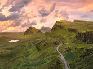 Preview wallpaper road, mountains, aerial view, greenery, landscape