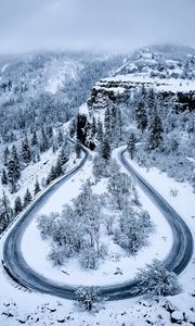 Preview wallpaper road, mountains, aerial view, snow, winter