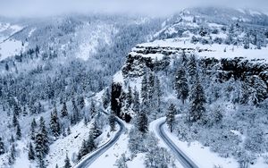 Preview wallpaper road, mountains, aerial view, snow, winter