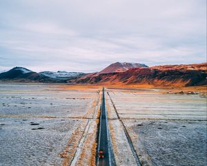 Preview wallpaper road, mountains, aerial view, desert, plateau