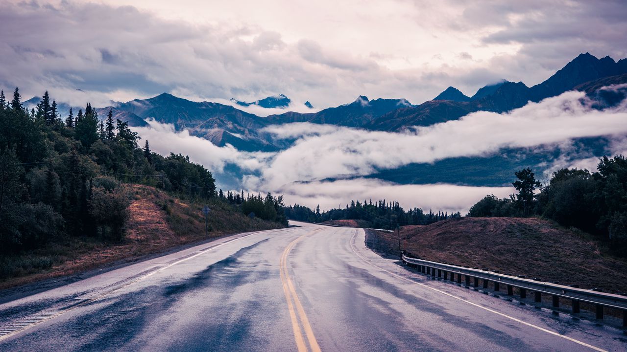 Wallpaper road, mountains, clouds, trees, landscape