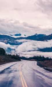 Preview wallpaper road, mountains, clouds, trees, landscape