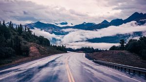 Preview wallpaper road, mountains, clouds, trees, landscape