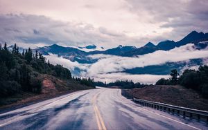 Preview wallpaper road, mountains, clouds, trees, landscape