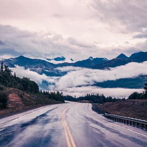 Preview wallpaper road, mountains, clouds, trees, landscape