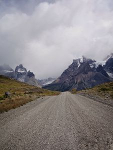 Preview wallpaper road, mountains, distance, snow, snowy