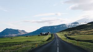 Preview wallpaper road, mountains, field, landscape, nature