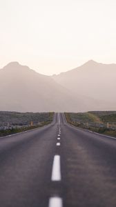 Preview wallpaper road, mountains, fog, asphalt, highway