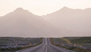 Preview wallpaper road, mountains, fog, asphalt, highway