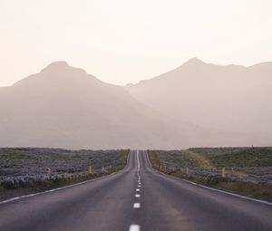 Preview wallpaper road, mountains, fog, asphalt, highway