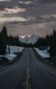 Preview wallpaper road, mountains, forest, hills, twilight