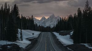 Preview wallpaper road, mountains, forest, hills, twilight