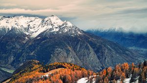 Preview wallpaper road, mountains, forest, trees, snow, snowy