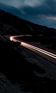 Preview wallpaper road, mountains, freezelight, evening