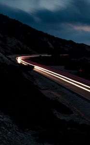 Preview wallpaper road, mountains, freezelight, evening