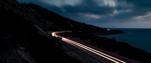 Preview wallpaper road, mountains, freezelight, evening