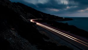 Preview wallpaper road, mountains, freezelight, evening