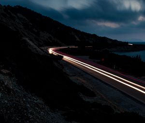 Preview wallpaper road, mountains, freezelight, evening